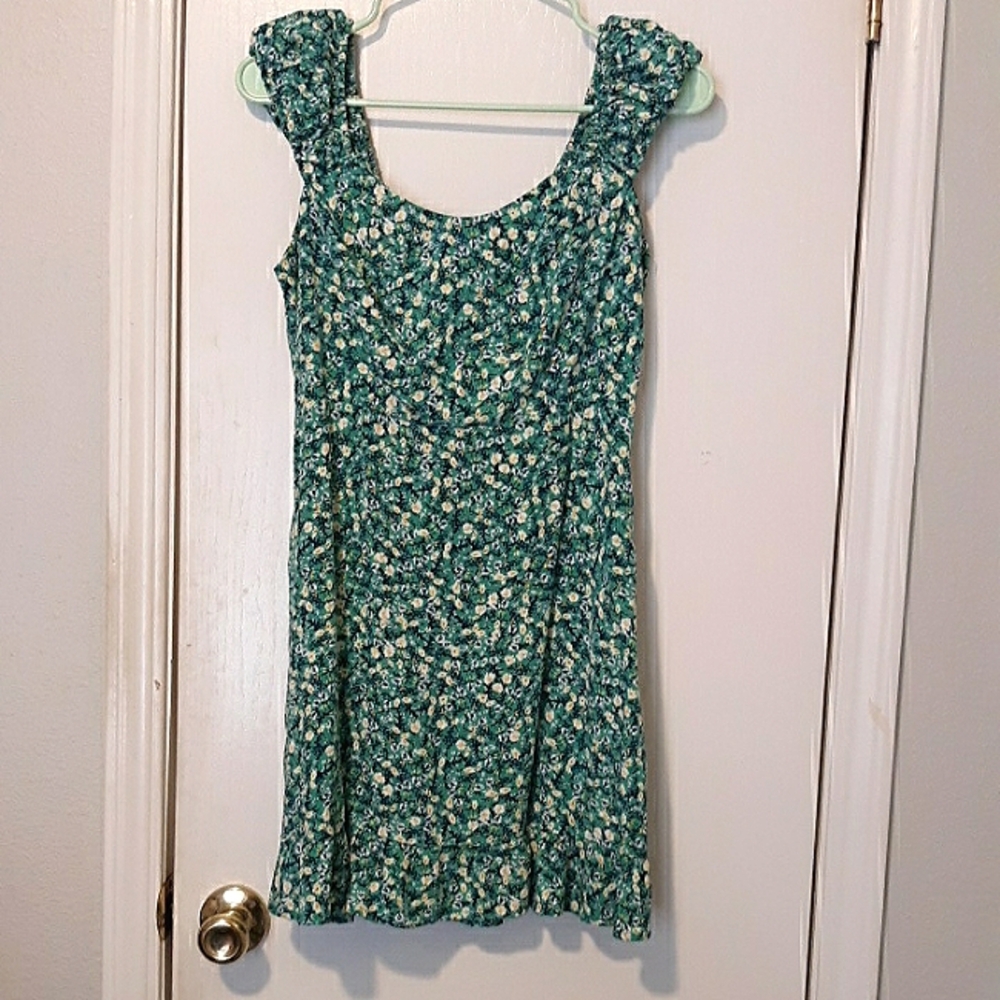Old Navy Spring Mini Dress Blue Green Ditsy Floral Print Pullover Smocked sz S
